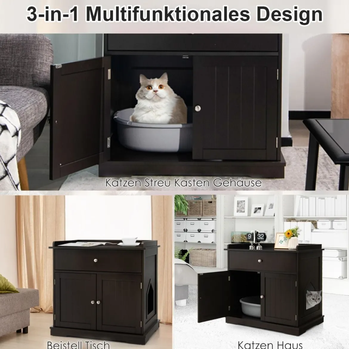 3 in 1 Katzenhaus Katzentoilette Beistelltisch mit Schublade & Tür & Eingang Katzenklo Braun