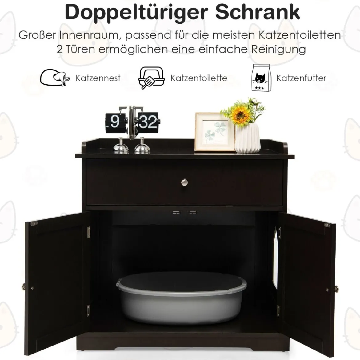 3 in 1 Katzenhaus Katzentoilette Beistelltisch mit Schublade & Tür & Eingang Katzenklo Braun