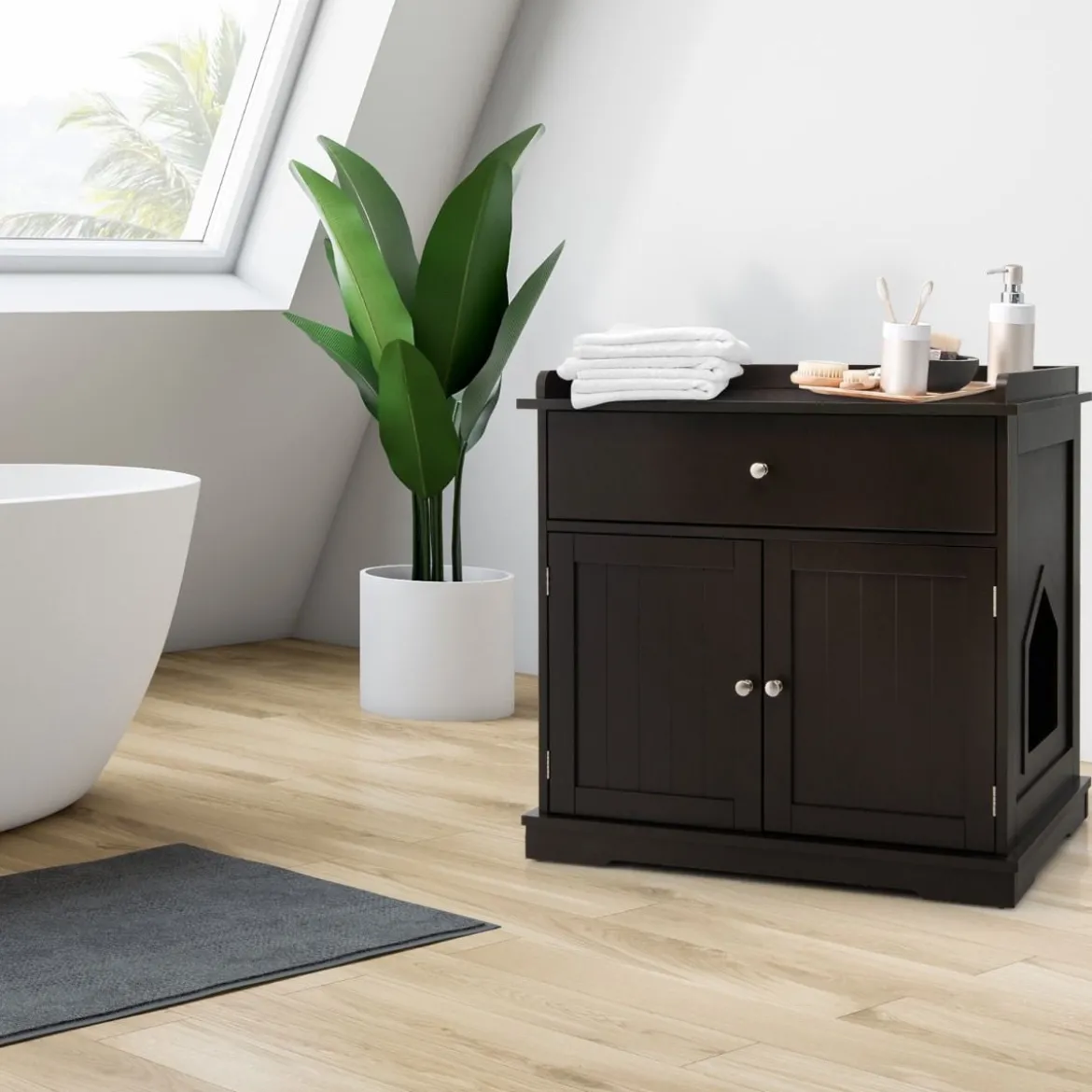 3 in 1 Katzenhaus Katzentoilette Beistelltisch mit Schublade & Tür & Eingang Katzenklo Braun