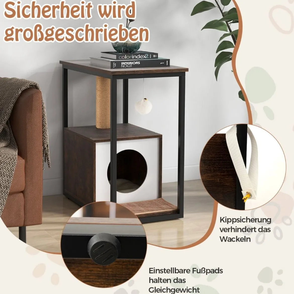 3 in 1 Katzenhaus & Kratzbaum & Beistelltisch Katzenhöhle mit Abnehmbarer Kratzmatte & Ball Braun