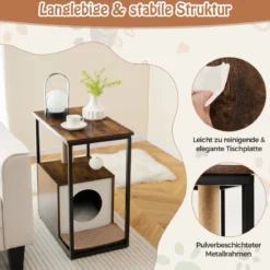 3 in 1 Katzenhaus & Kratzbaum & Beistelltisch Katzenhöhle mit Abnehmbarer Kratzmatte & Ball Braun