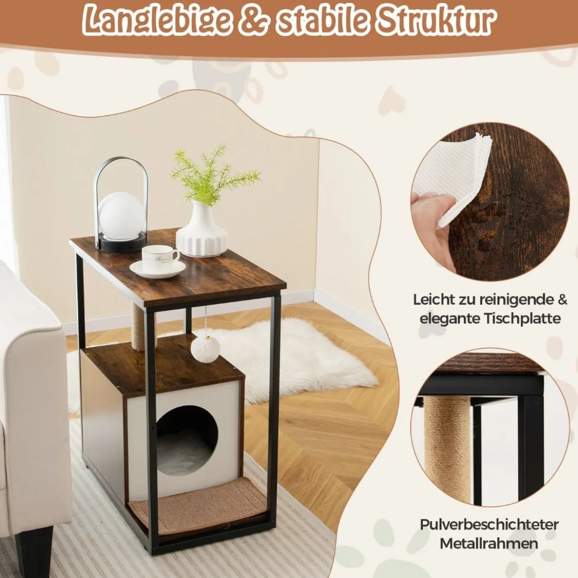 3 in 1 Katzenhaus & Kratzbaum & Beistelltisch Katzenhöhle mit Abnehmbarer Kratzmatte & Ball Braun