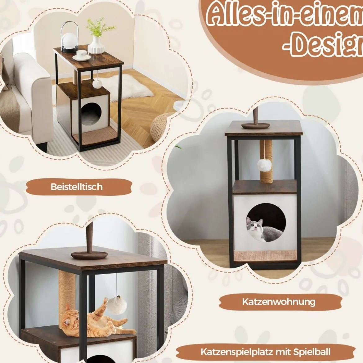 3 in 1 Katzenhaus & Kratzbaum & Beistelltisch Katzenhöhle mit Abnehmbarer Kratzmatte & Ball Braun