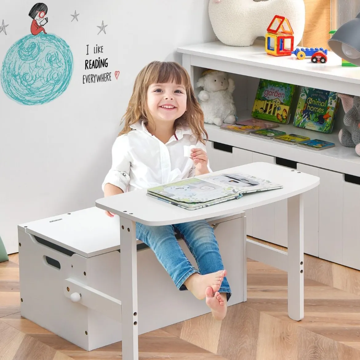 3 in 1 Kinder-Aktivitätstisch Set mit Schreibtisch & Sitzbank & Aufbewahrungsbox für Kindergarten Weiß
