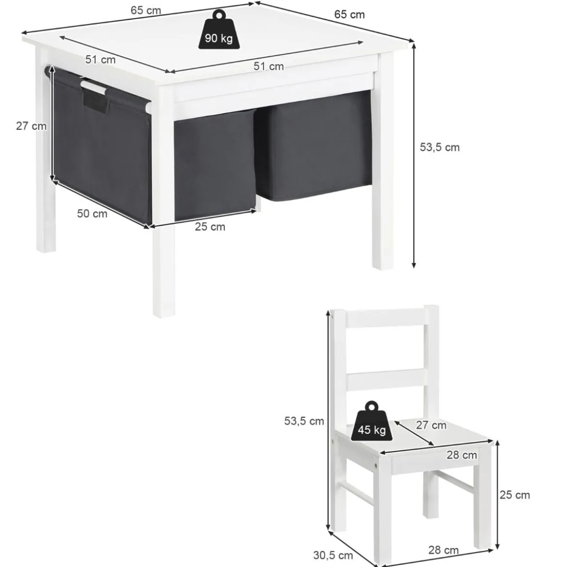 2-in-1-Kinder-Aktivtisch mit Stauraum und 2 Stühlen multifunktionales Basteltisch-Set für Kinder Weiß
