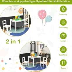 2-in-1-Kinder-Aktivtisch mit Stauraum und 2 Stühlen multifunktionales Basteltisch-Set für Kinder Weiß