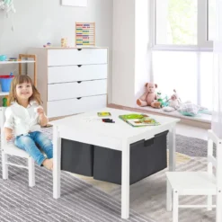 2-in-1-Kinder-Aktivtisch mit Stauraum und 2 Stühlen multifunktionales Basteltisch-Set für Kinder Weiß