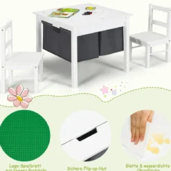 2-in-1-Kinder-Aktivtisch mit Stauraum und 2 Stühlen multifunktionales Basteltisch-Set für Kinder Weiß