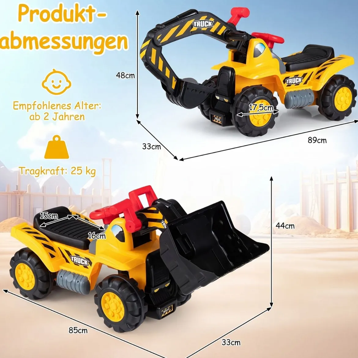 3 in 1 Kinder Bagger & Planierraupe Kinder Aufsitzauto Rutschauto mit Abnehmbarer Schaufel