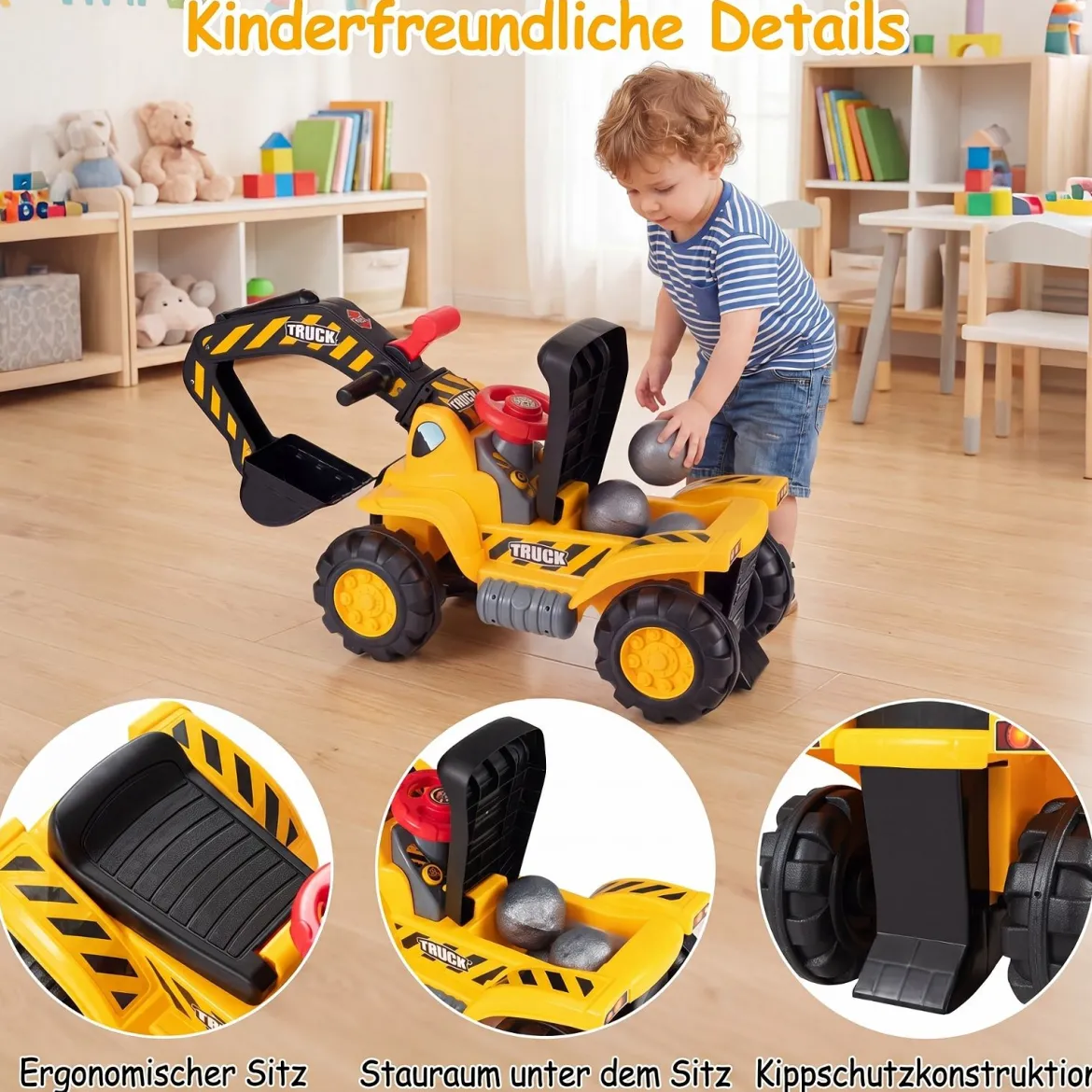 3 in 1 Kinder Bagger & Planierraupe Kinder Aufsitzauto Rutschauto mit Abnehmbarer Schaufel