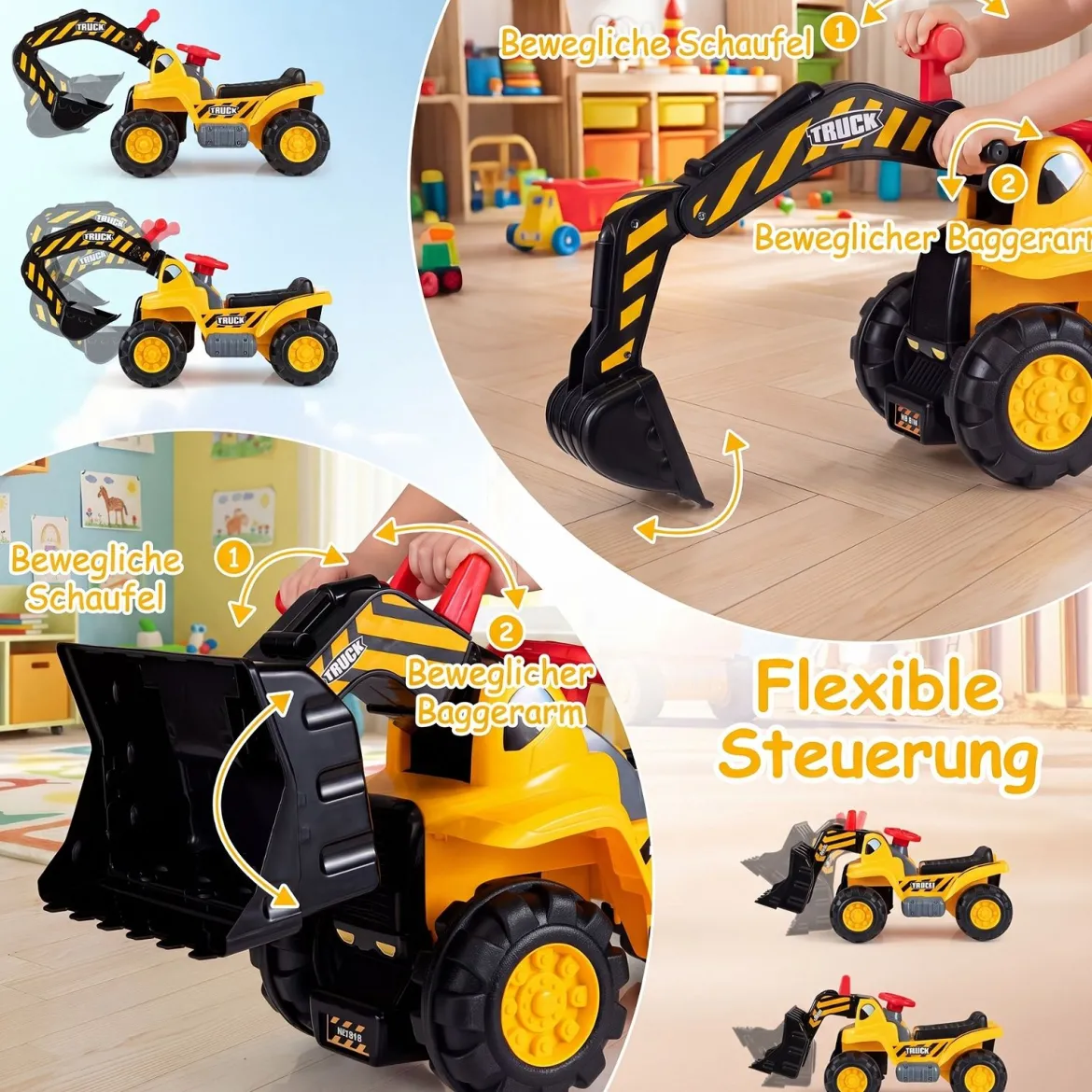 3 in 1 Kinder Bagger & Planierraupe Kinder Aufsitzauto Rutschauto mit Abnehmbarer Schaufel
