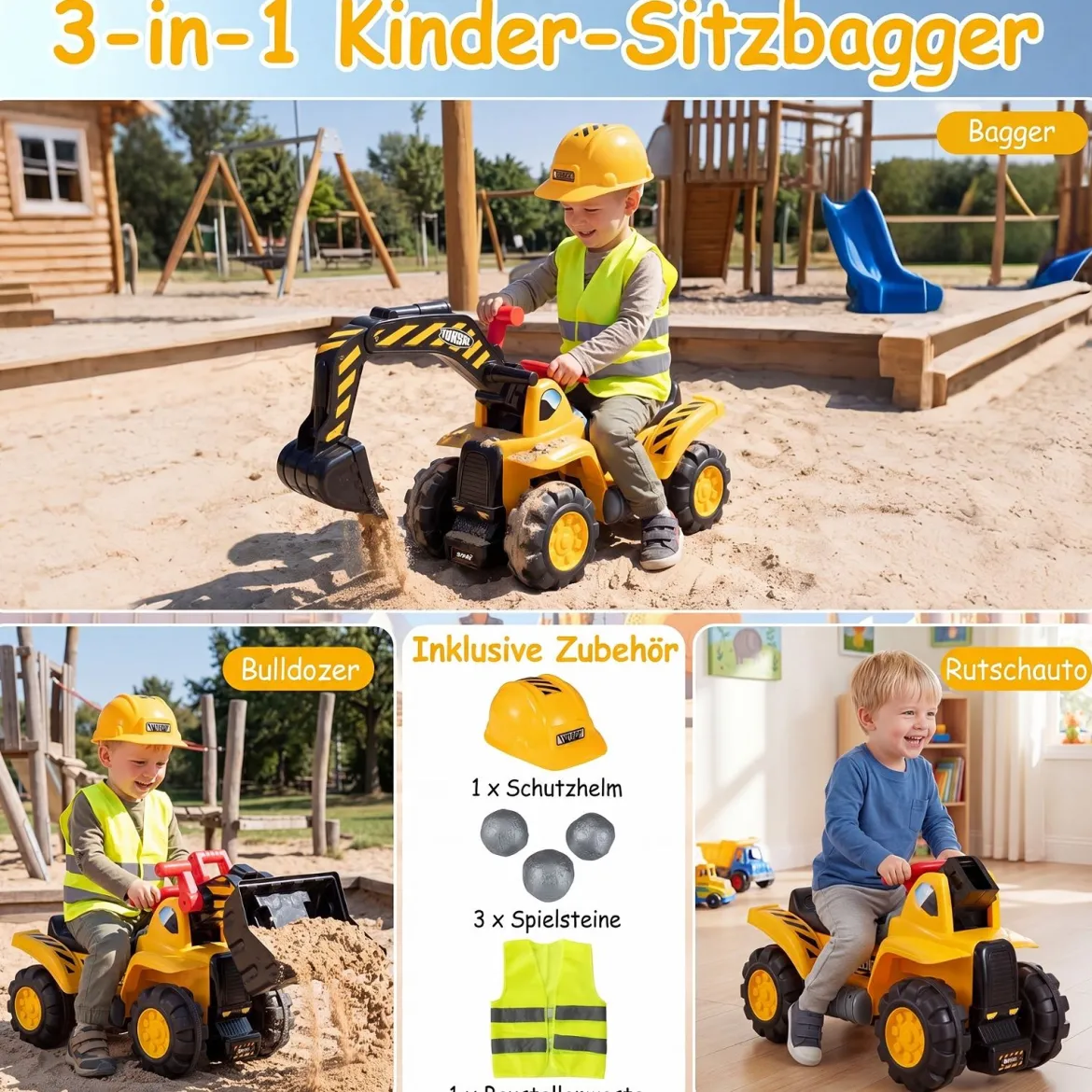 3 in 1 Kinder Bagger & Planierraupe Kinder Aufsitzauto Rutschauto mit Abnehmbarer Schaufel