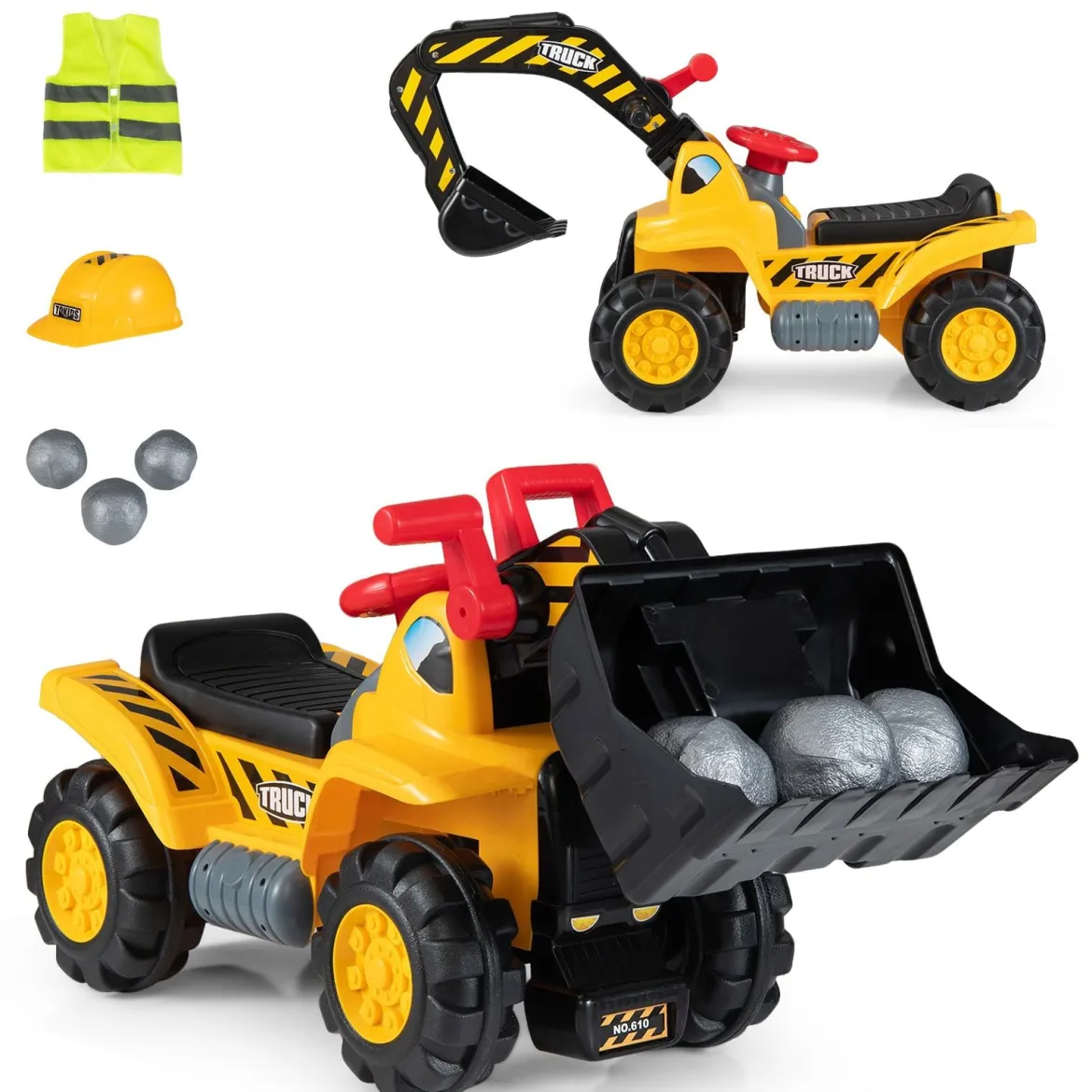 3 in 1 Kinder Bagger & Planierraupe Kinder Aufsitzauto Rutschauto mit Abnehmbarer Schaufel