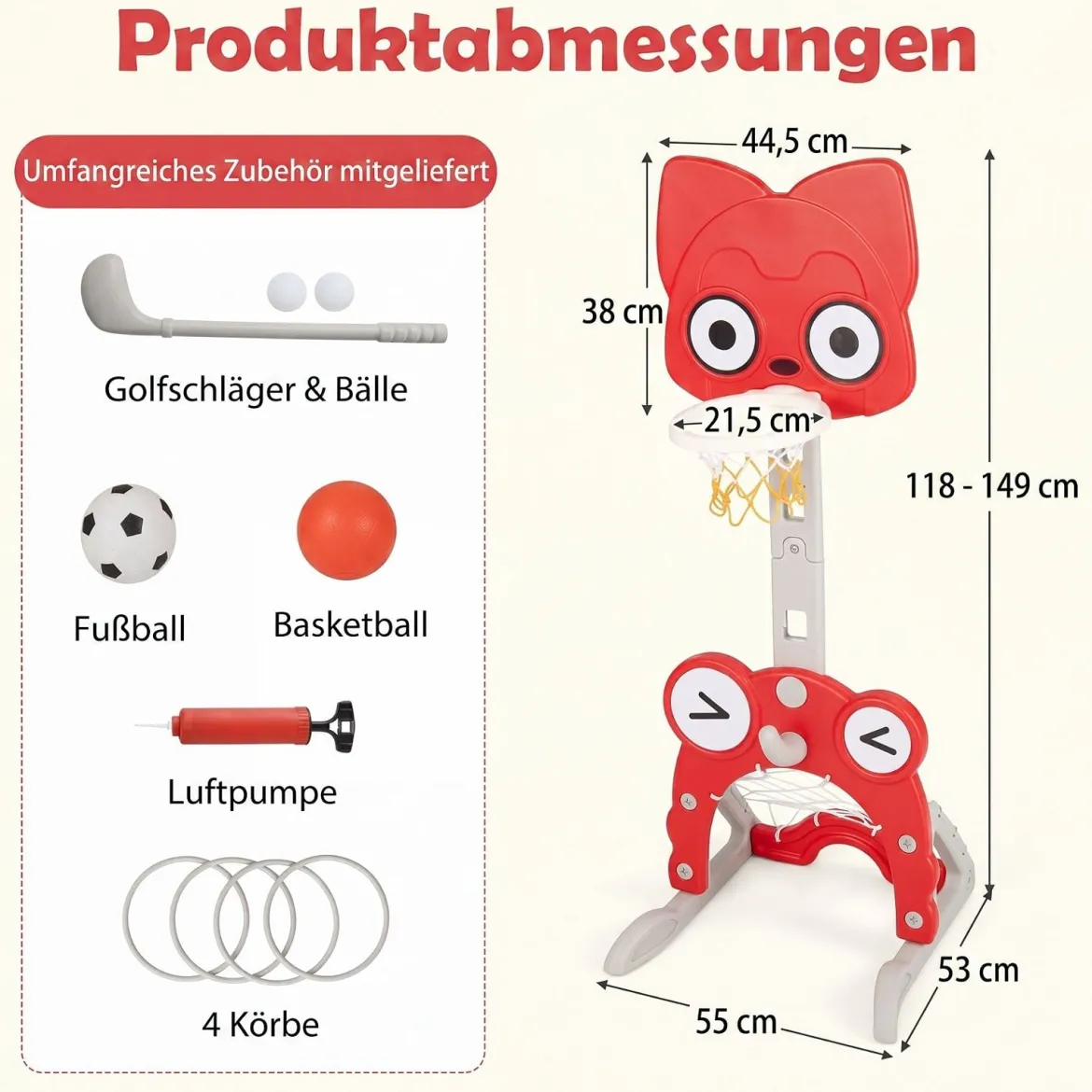 4 in 1 Kinder Basketballkorb Set Höhenverstellbarer Basketballständer mit Fußballtor