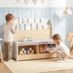 3 in 1 Kinder Bücherregal mit Sitzbank Kinderregal mit 2 Fächern & Gepolstertem Kissen Weiß