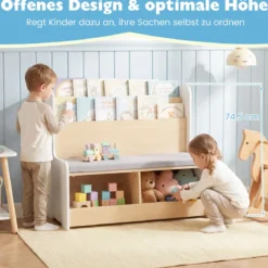 3 in 1 Kinder Bücherregal mit Sitzbank Kinderregal mit 2 Fächern & Gepolstertem Kissen Weiß