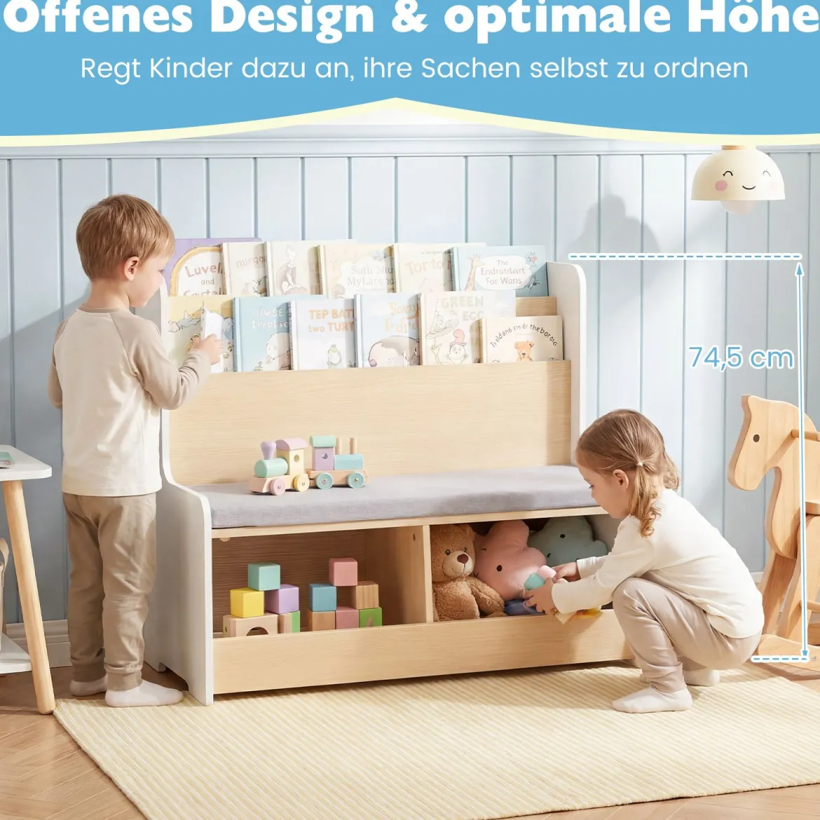 3 in 1 Kinder Bücherregal mit Sitzbank Kinderregal mit 2 Fächern & Gepolstertem Kissen Weiß