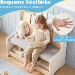 3 in 1 Kinder Bücherregal mit Sitzbank Kinderregal mit 2 Fächern & Gepolstertem Kissen Weiß