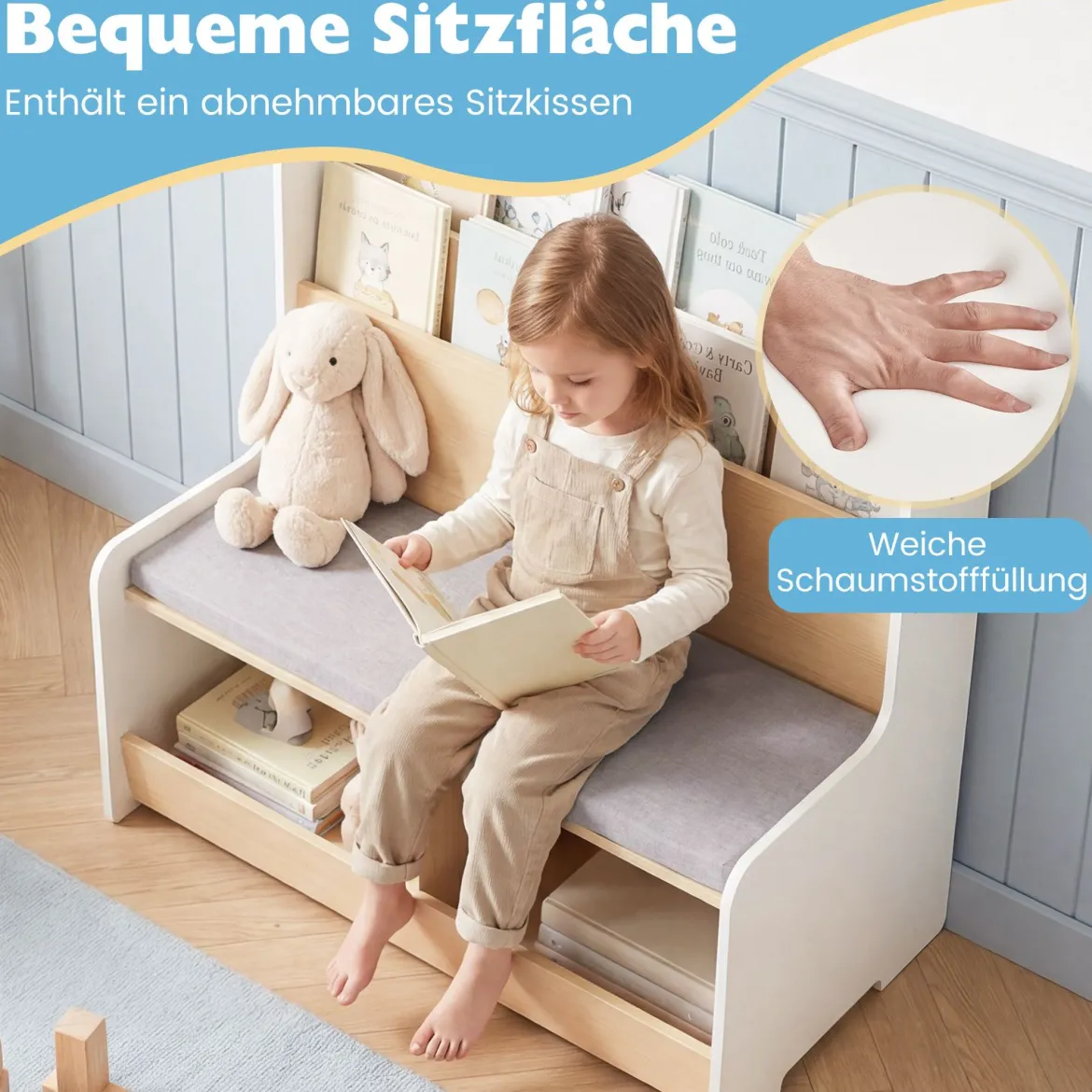 3 in 1 Kinder Bücherregal mit Sitzbank Kinderregal mit 2 Fächern & Gepolstertem Kissen Weiß