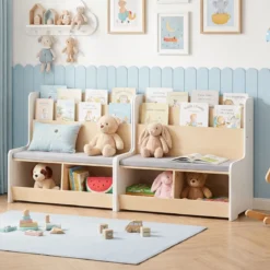 3 in 1 Kinder Bücherregal mit Sitzbank Kinderregal mit 2 Fächern & Gepolstertem Kissen Weiß