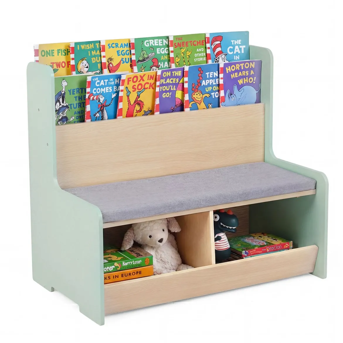 3 in 1 Kinder Bücherregal mit Sitzbank Kinderregal mit 2 Fächern & Gepolstertem Kissen Grün