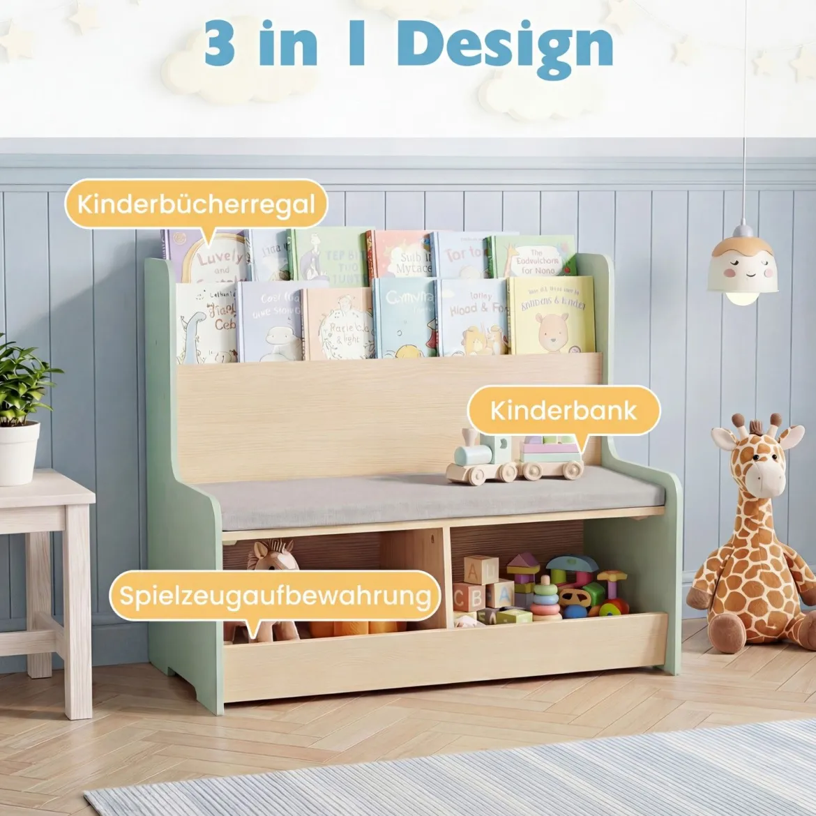 3 in 1 Kinder Bücherregal mit Sitzbank Kinderregal mit 2 Fächern & Gepolstertem Kissen Grün