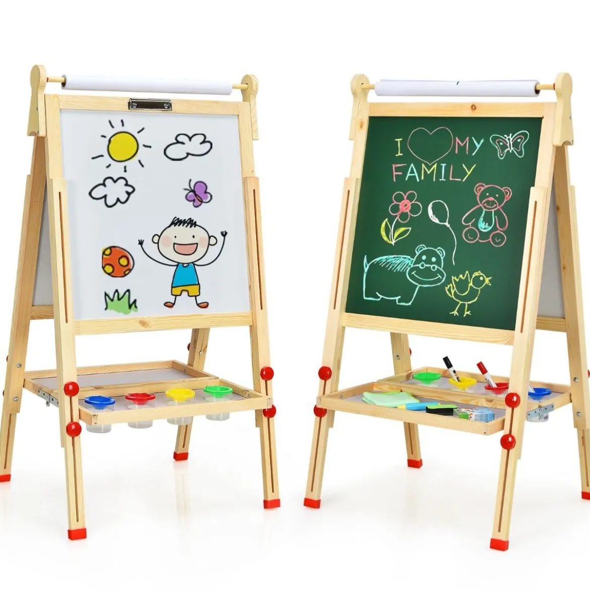 3 in 1 Kinder Doppelseitige Staffelei aus Holz mit Whiteboard & Kreidetafel & Zeichenpapier