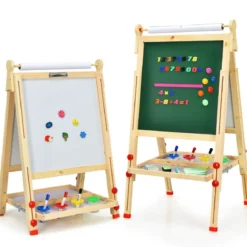 3 in 1 Kinder Doppelseitige Staffelei aus Holz mit Whiteboard & Kreidetafel & Zeichenpapier