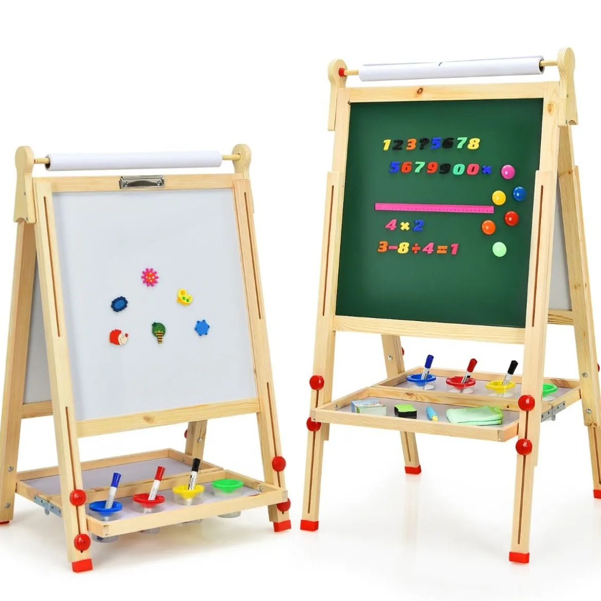3 in 1 Kinder Doppelseitige Staffelei aus Holz mit Whiteboard & Kreidetafel & Zeichenpapier