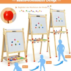 3 in 1 Kinder Doppelseitige Staffelei aus Holz mit Whiteboard & Kreidetafel & Zeichenpapier