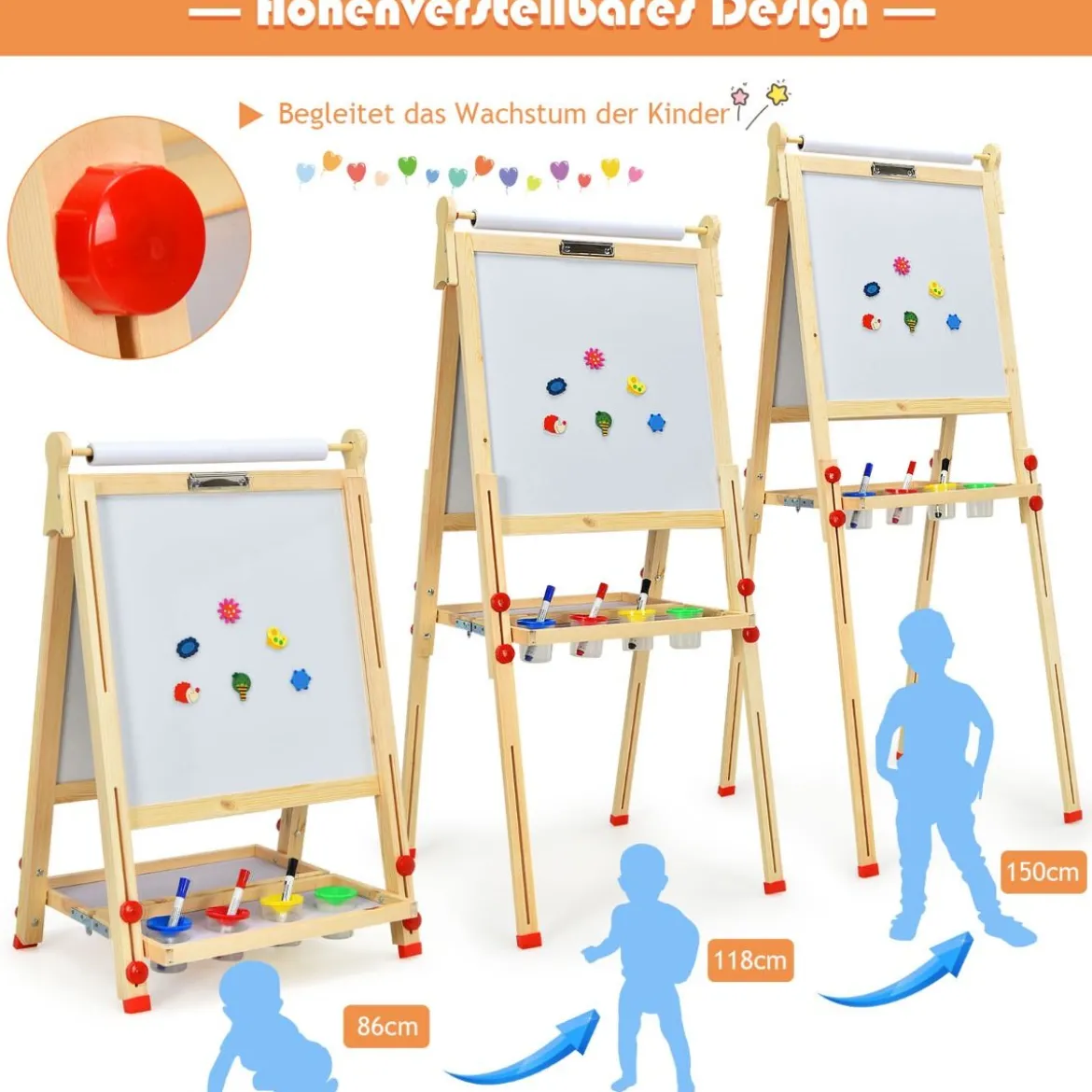 3 in 1 Kinder Doppelseitige Staffelei aus Holz mit Whiteboard & Kreidetafel & Zeichenpapier
