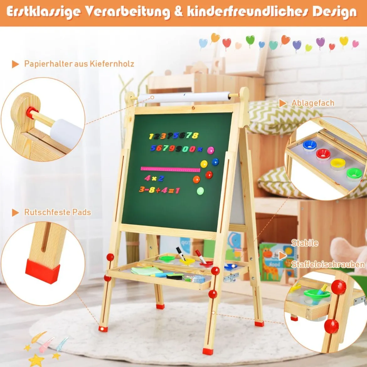 3 in 1 Kinder Doppelseitige Staffelei aus Holz mit Whiteboard & Kreidetafel & Zeichenpapier