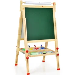 3 in 1 Kinder Doppelseitige Staffelei aus Holz mit Whiteboard & Kreidetafel & Zeichenpapier
