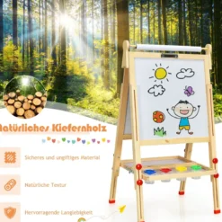 3 in 1 Kinder Doppelseitige Staffelei aus Holz mit Whiteboard & Kreidetafel & Zeichenpapier