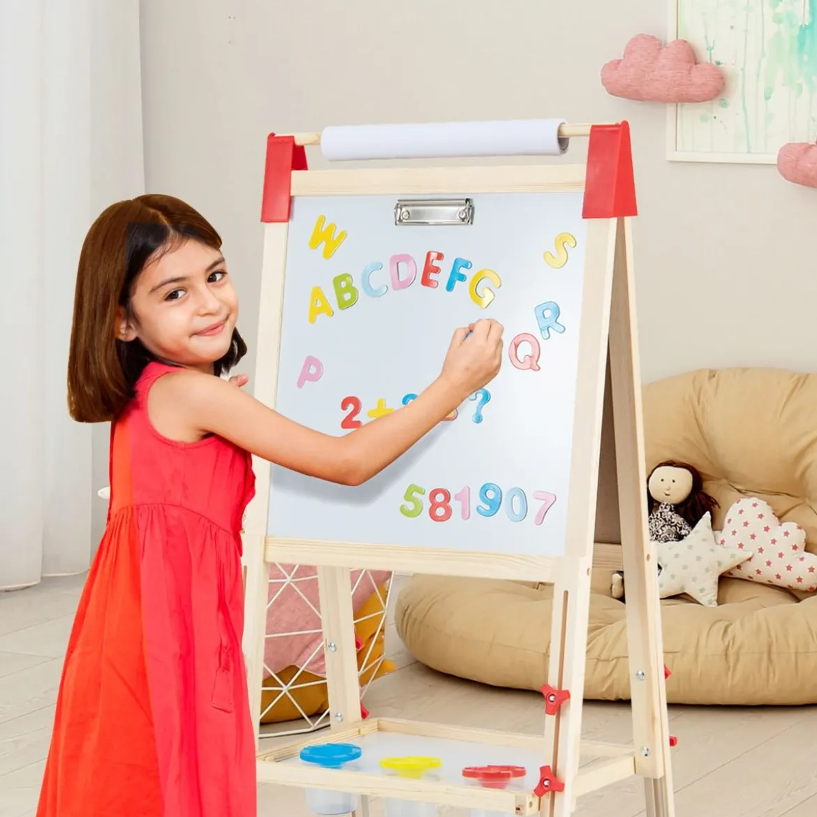 3 in 1 Kinder Doppelseitige Staffelei mit Magnetischer Tafel & Whiteboard Höhenverstellbar
