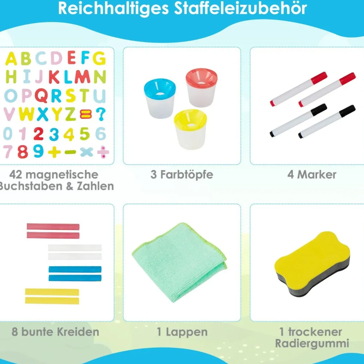 3 in 1 Kinder Doppelseitige Staffelei mit Magnetischer Tafel & Whiteboard Höhenverstellbar