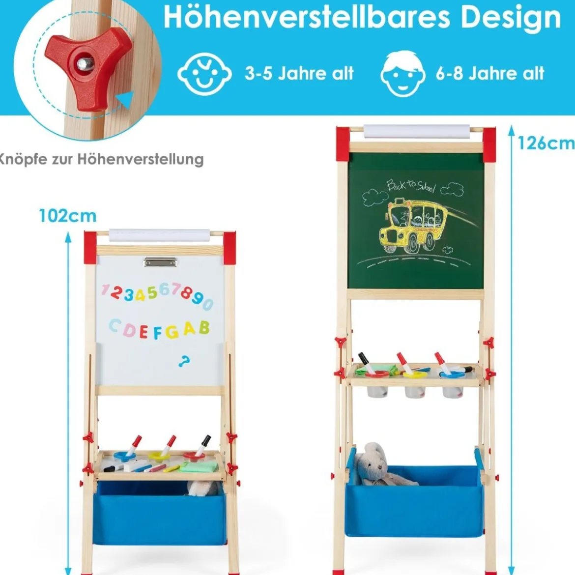3 in 1 Kinder Doppelseitige Staffelei mit Magnetischer Tafel & Whiteboard Höhenverstellbar