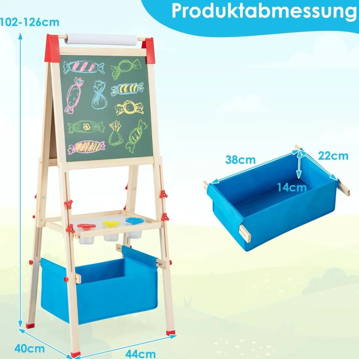 3 in 1 Kinder Doppelseitige Staffelei mit Magnetischer Tafel & Whiteboard Höhenverstellbar