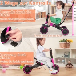 4-in-1 Kinder-Dreirad Lauflernwagen mit verstellbarem Schiebegriff & abnehmbaren Pedalen Rosa