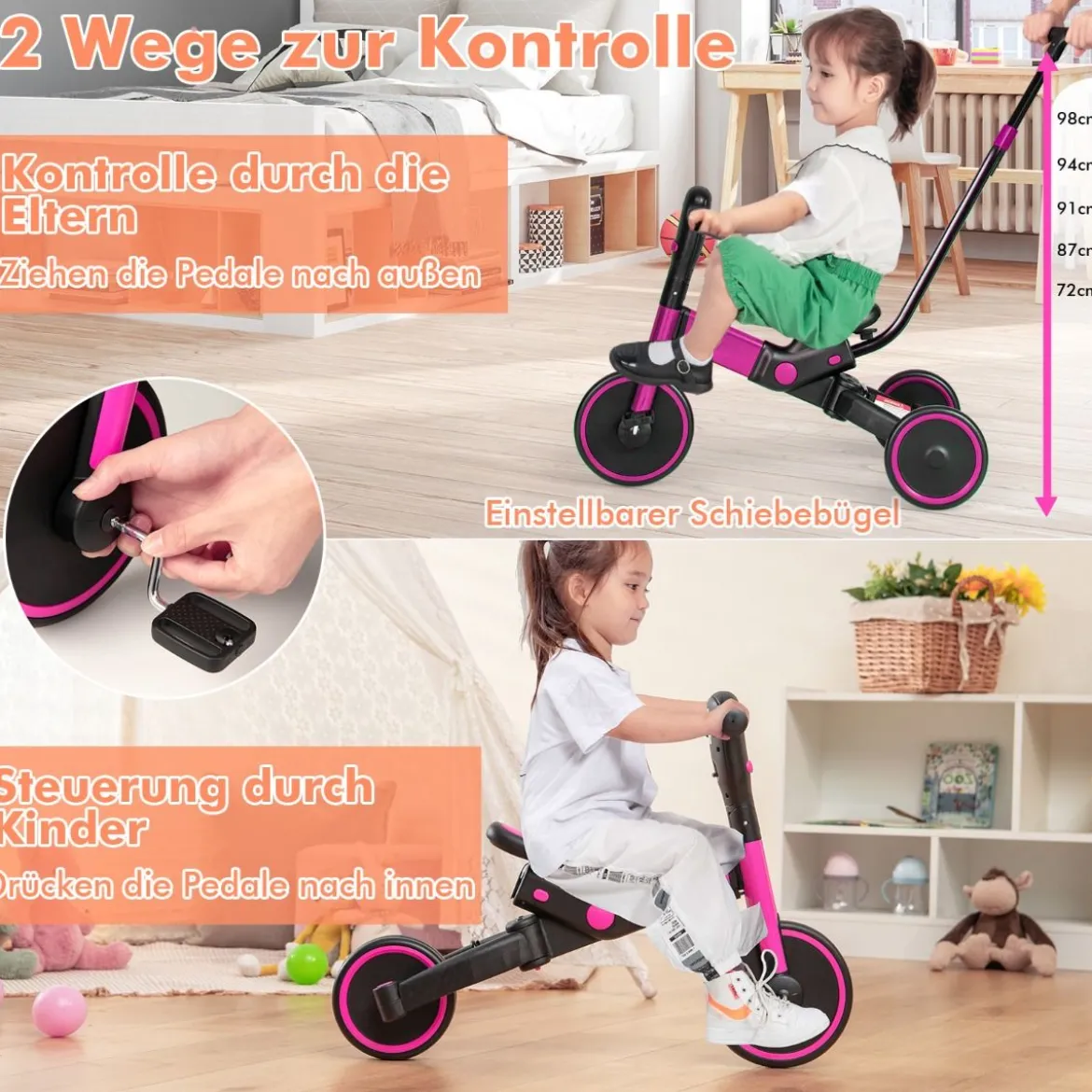 4-in-1 Kinder-Dreirad Lauflernwagen mit verstellbarem Schiebegriff & abnehmbaren Pedalen Rosa