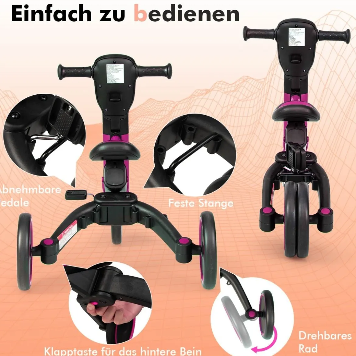 4-in-1 Kinder-Dreirad Lauflernwagen mit verstellbarem Schiebegriff & abnehmbaren Pedalen Rosa
