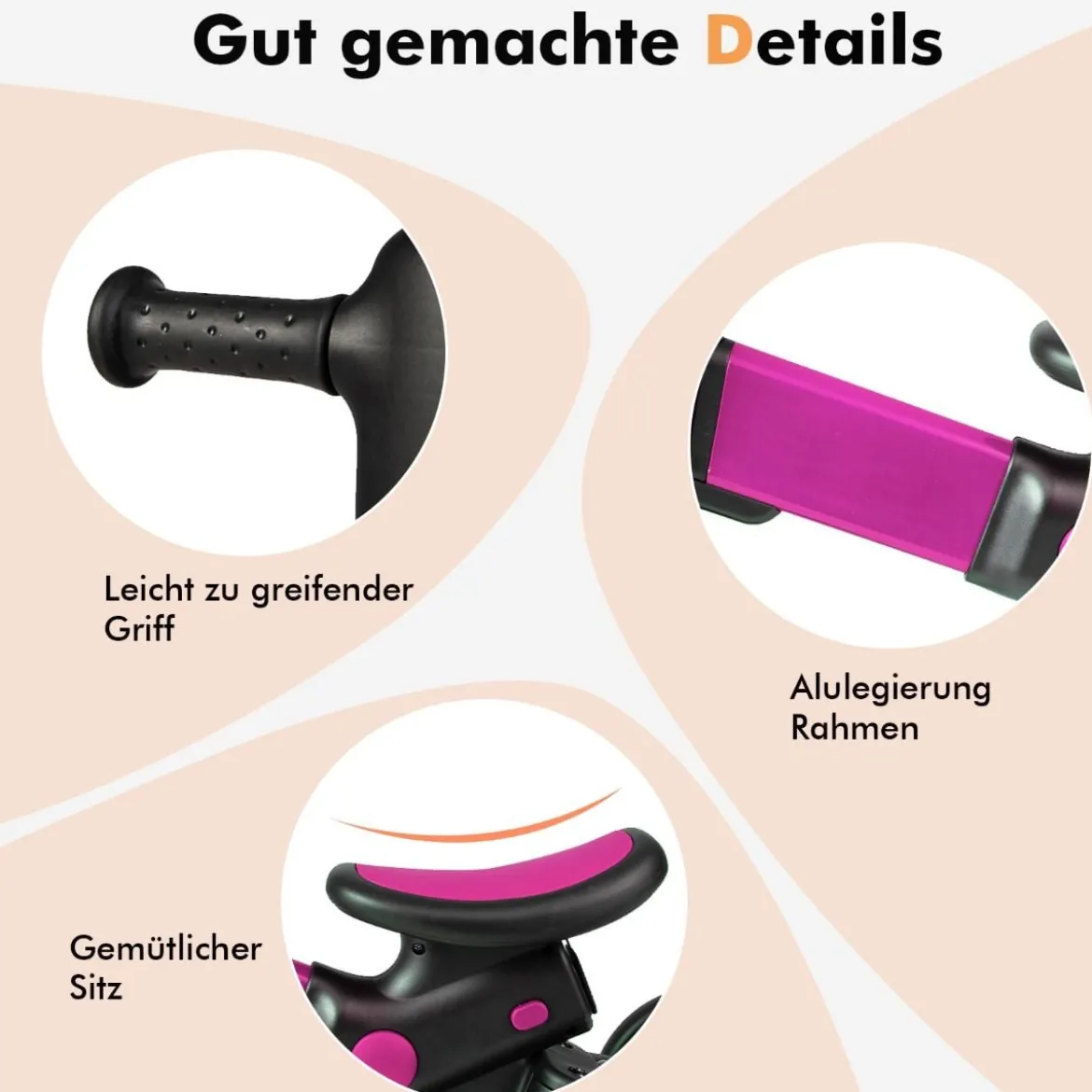 4-in-1 Kinder-Dreirad Lauflernwagen mit verstellbarem Schiebegriff & abnehmbaren Pedalen Rosa