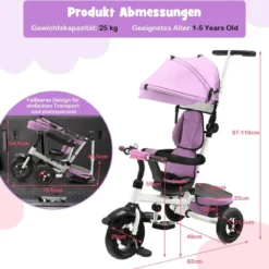 7 in 1 Kinder Dreirad mit Umkehrbarem Sitz & Verstellbarem Verdeck & Schiebegriff Laufrad Rosa