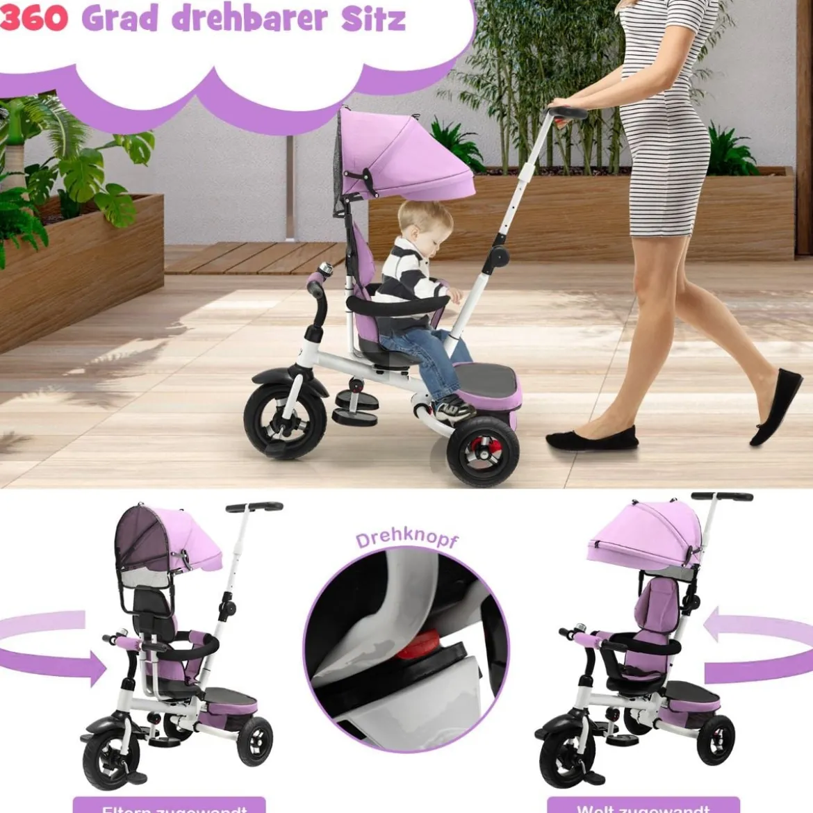 7 in 1 Kinder Dreirad mit Umkehrbarem Sitz & Verstellbarem Verdeck & Schiebegriff Laufrad Rosa