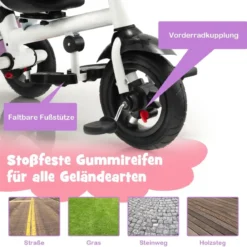 7 in 1 Kinder Dreirad mit Umkehrbarem Sitz & Verstellbarem Verdeck & Schiebegriff Laufrad Rosa