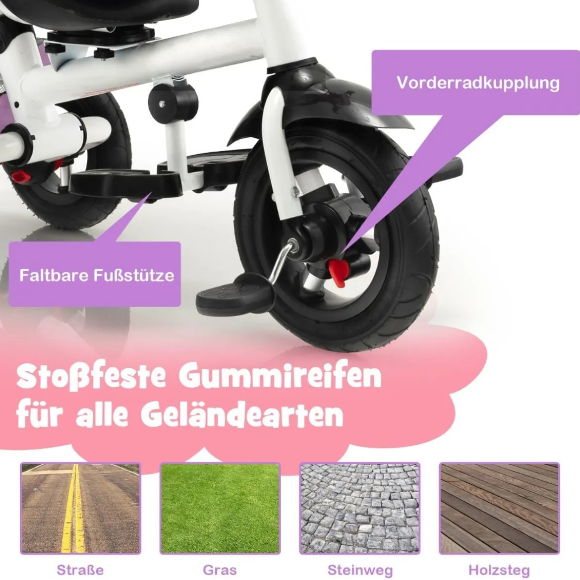 7 in 1 Kinder Dreirad mit Umkehrbarem Sitz & Verstellbarem Verdeck & Schiebegriff Laufrad Rosa