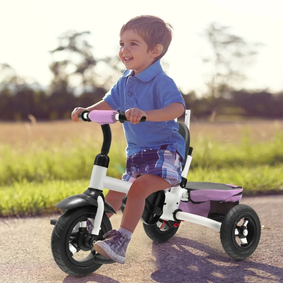7 in 1 Kinder Dreirad mit Umkehrbarem Sitz & Verstellbarem Verdeck & Schiebegriff Laufrad Rosa