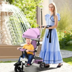 7 in 1 Kinder Dreirad mit Umkehrbarem Sitz & Verstellbarem Verdeck & Schiebegriff Laufrad Rosa