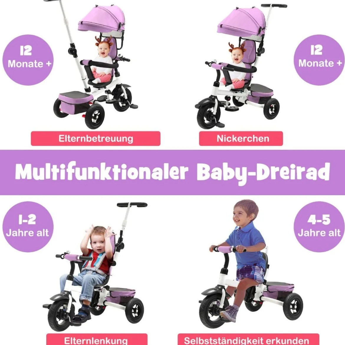 7 in 1 Kinder Dreirad mit Umkehrbarem Sitz & Verstellbarem Verdeck & Schiebegriff Laufrad Rosa