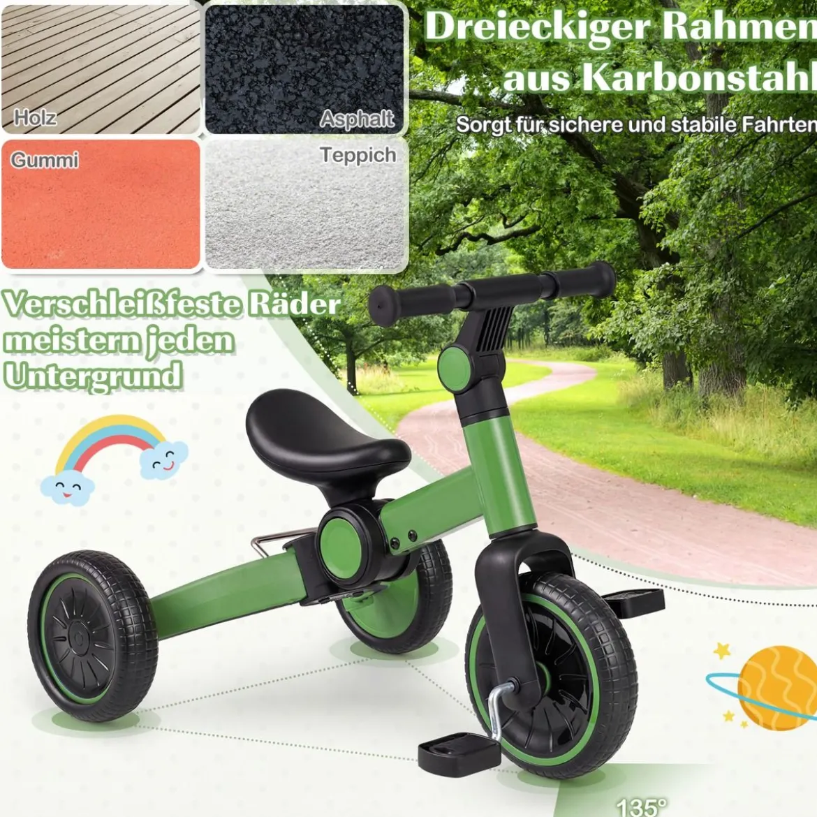 5-in-1 Kinderfahrrad Kinder Balancebike mit abnehmbaren Pedalen verstellbarem Lenker Grün